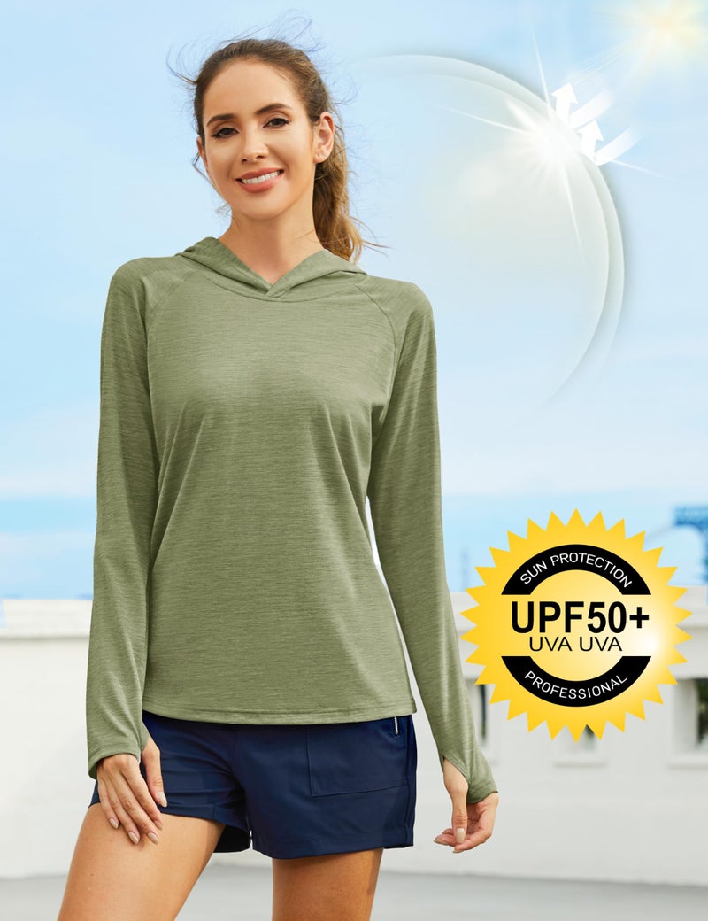 KEFITEVD Womens Sun Protection Hoodie UPF 50+ Long Sleeve Shirt Lightweight Tops Hiking Workout Fishing Wheat Green M - Image 4