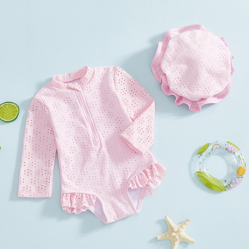 Yccutest Toddler Girl Solid Swimsuit Baby Long Sleeve Rash Guard Bathing Suit Girl One Piece Hollow Out Swimwear with Sun Hat (US, Age, 6 Months, 12 Months, Pink) - Image 3