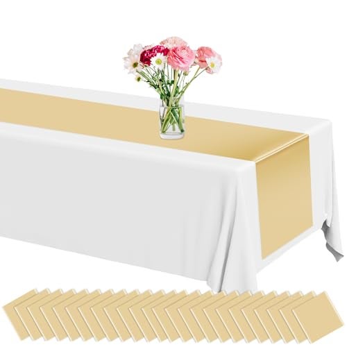 Lonfliness 12 Pack Plastic Table Runner 14 X 108 inch Gold Champagne Long Valentines Table Runners Disposable Champagne Gold Table Runner for Dinner Table Decorations for Wedding Graduation Birthday Party Decor - Image 1