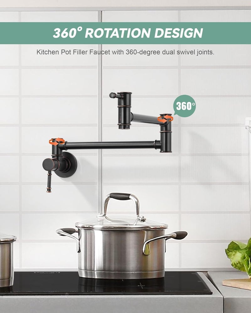 ALEASHA Pot Filler Faucet, Wall Mount Stove Faucet for Kitchen Sink, Brass Kitchen Pot Faucet Over Stove, Pot Filler Folding Faucet with Single Hole 2 Handle, Oil Rubbed Bronze - Image 4