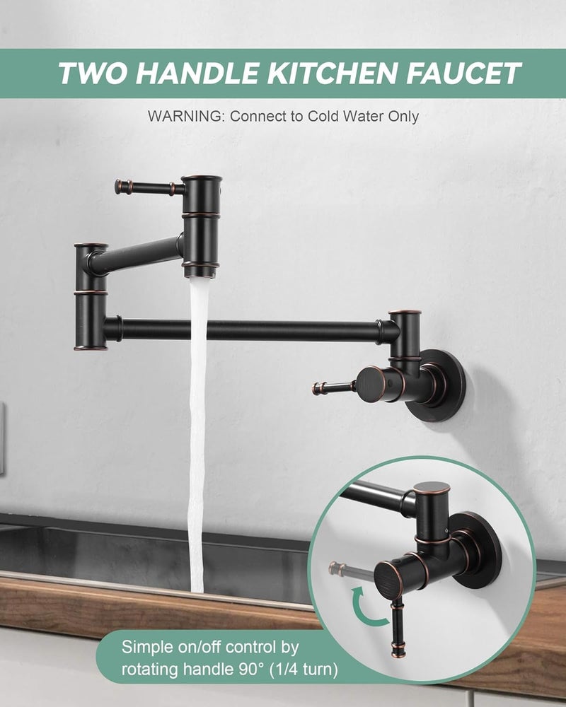 ALEASHA Pot Filler Faucet, Wall Mount Stove Faucet for Kitchen Sink, Brass Kitchen Pot Faucet Over Stove, Pot Filler Folding Faucet with Single Hole 2 Handle, Oil Rubbed Bronze - Image 3