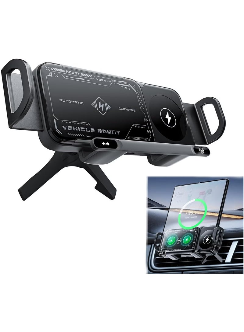 High Intelligent Wireless Charging Mobile Phone/Pad Holder, 15W Dual Coils Fast Charging Air Vent Cell Phone Mount, 2 in 1 Auto Rotating Phone Holder, Can Be Used for Foldable Phones  - Image 1