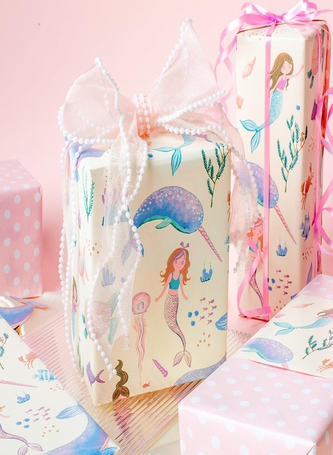 Flyhill Reversible Mermaid Wrapping Paper Roll Girl,Metallic Foil Whale,Turtle and Sea Creature with Pink Polka Dot for Kids Girls Birthday,Baby Shower,Mini Roll (17 IN x 32.8 FT) - Image 3