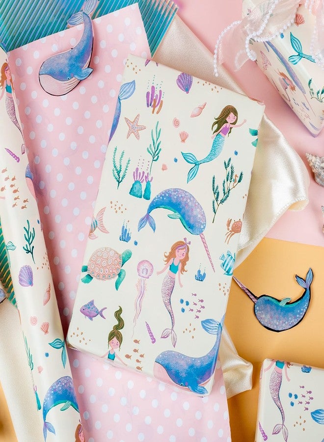 Flyhill Reversible Mermaid Wrapping Paper Roll Girl,Metallic Foil Whale,Turtle and Sea Creature with Pink Polka Dot for Kids Girls Birthday,Baby Shower,Mini Roll (17 IN x 32.8 FT) - Image 4
