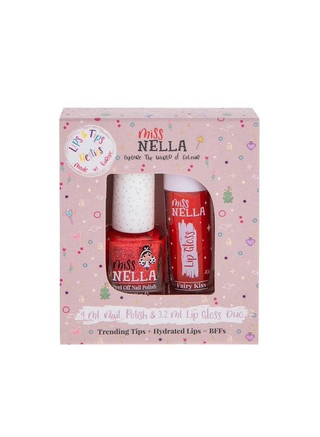 Miss NELLA Fairy Kiss Lips & Tips duo- Scented Lip Gloss + Glitter Nail Polish for Kids with Peel-off, Water Based & Odour Free Formula - Image 1