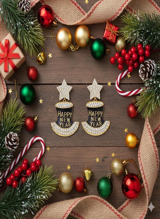 ليلي آند وايت أقراط ليلي آند وايت "عام جديد سعيد" بتصميم قبعة علوية مرصعة بنجوم وأحجار الراين، هدية مثالية لعيد رأس السنة. - Image 5