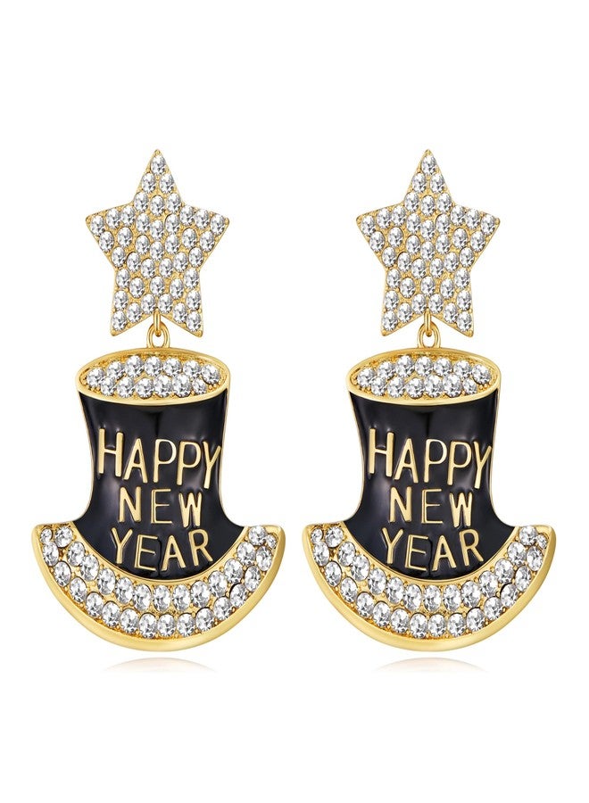 ليلي آند وايت أقراط ليلي آند وايت "عام جديد سعيد" بتصميم قبعة علوية مرصعة بنجوم وأحجار الراين، هدية مثالية لعيد رأس السنة. - Image 1