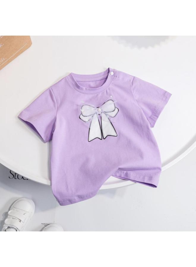 Girls' New Summer Korean-style Short-sleeved T-shirt Fashionable Western Style Cute Bow Girl's Baby Sweet Top