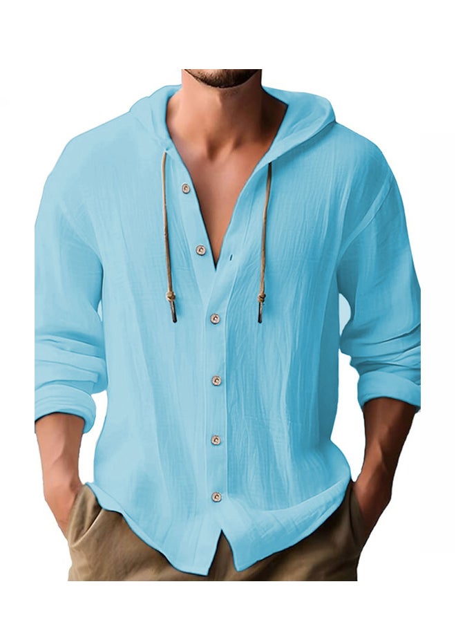Men's Hooded T-Shirt  Summer Casual Cotton Linen Shirt Long Sleeve Top with Pocket  - Image 1