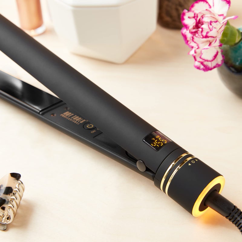 HOT TOOLS Pro Artist Black Gold Ionic 1 1/4 Inch Flat Iron - Use as Straightener for Sleek Straight Hair or Use Rounded Edges for Shiny Curls and Waves, Stylist-Preferred Styles - Image 5