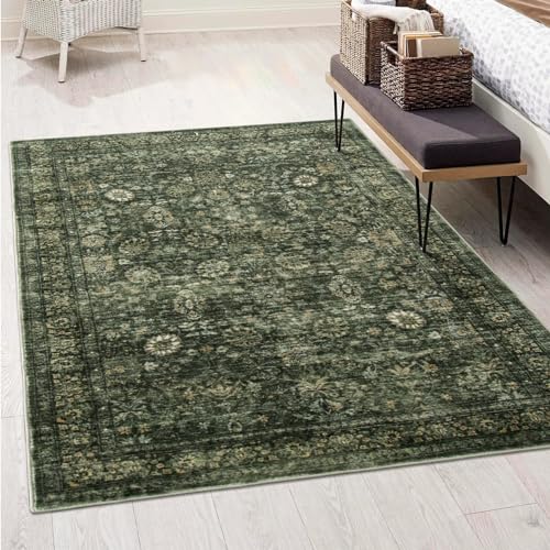 Morebes Washable Dark Green Area Rugs 6x9 Vintage Boho Large Living Room Rugs Non Slip Distressed Soft Indoor Accent Floor Mat Throw Carpet for Nursery Kitchen Coffee Table Dining Dorm - Image 1