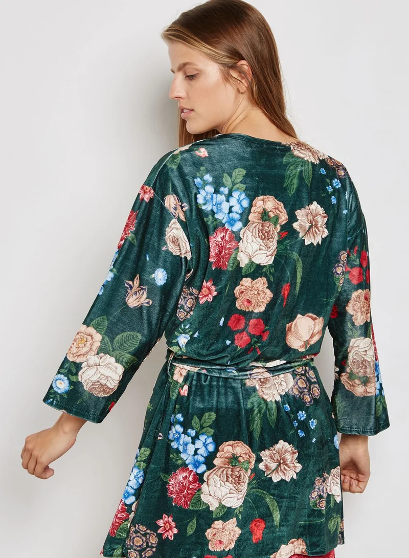 Ginger Floral Print Longline Velvet Kimono