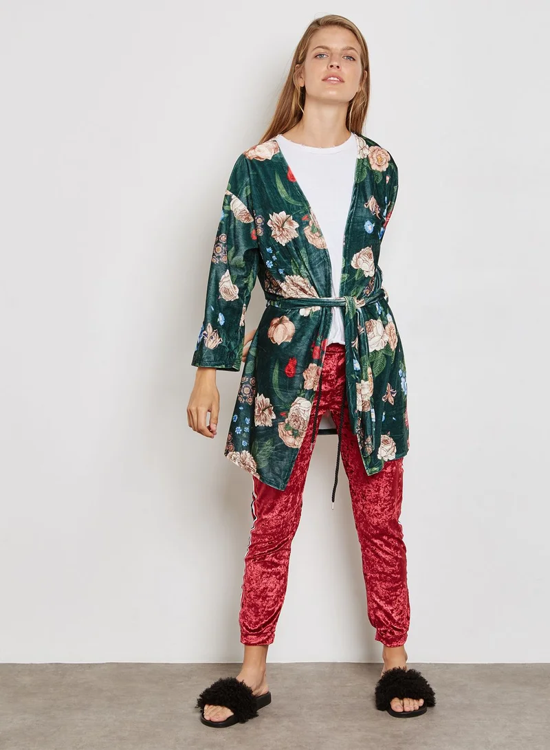 Ginger Floral Print Longline Velvet Kimono