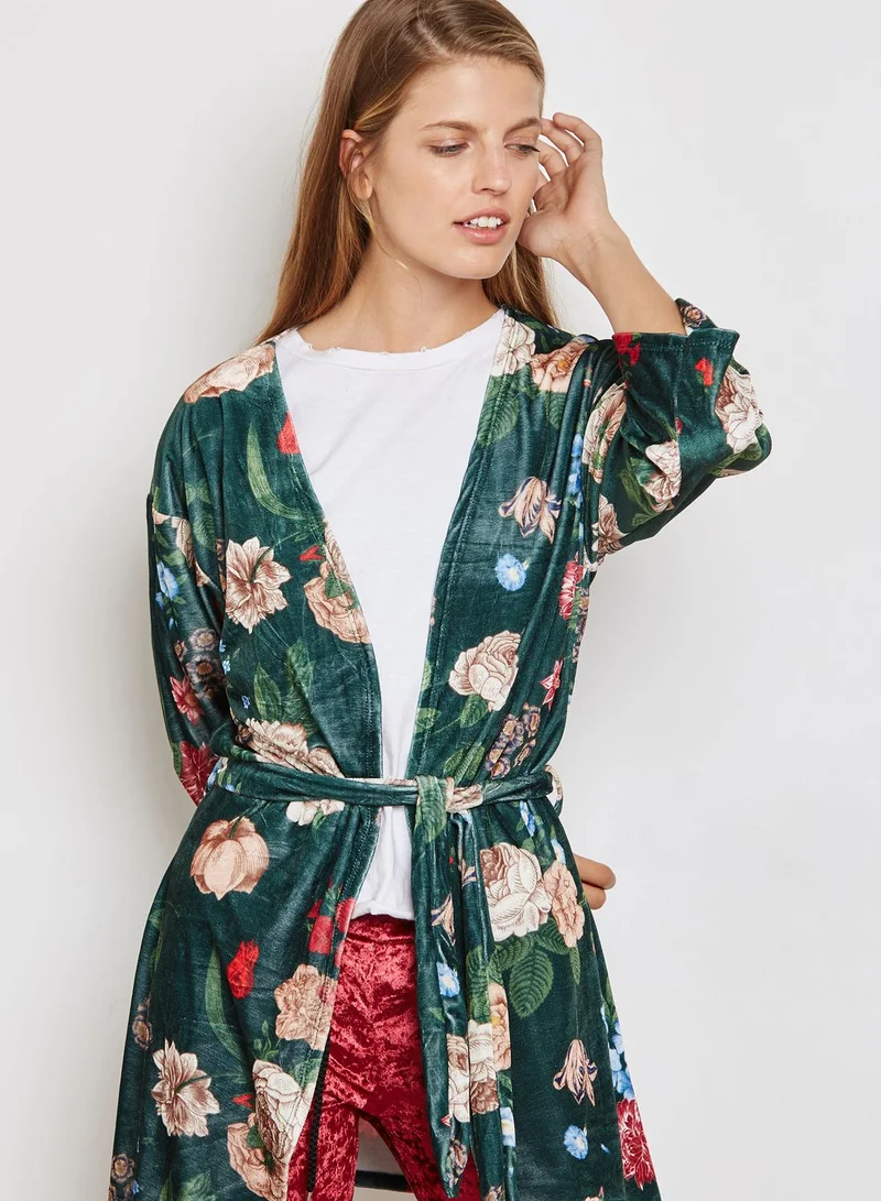Ginger Floral Print Longline Velvet Kimono