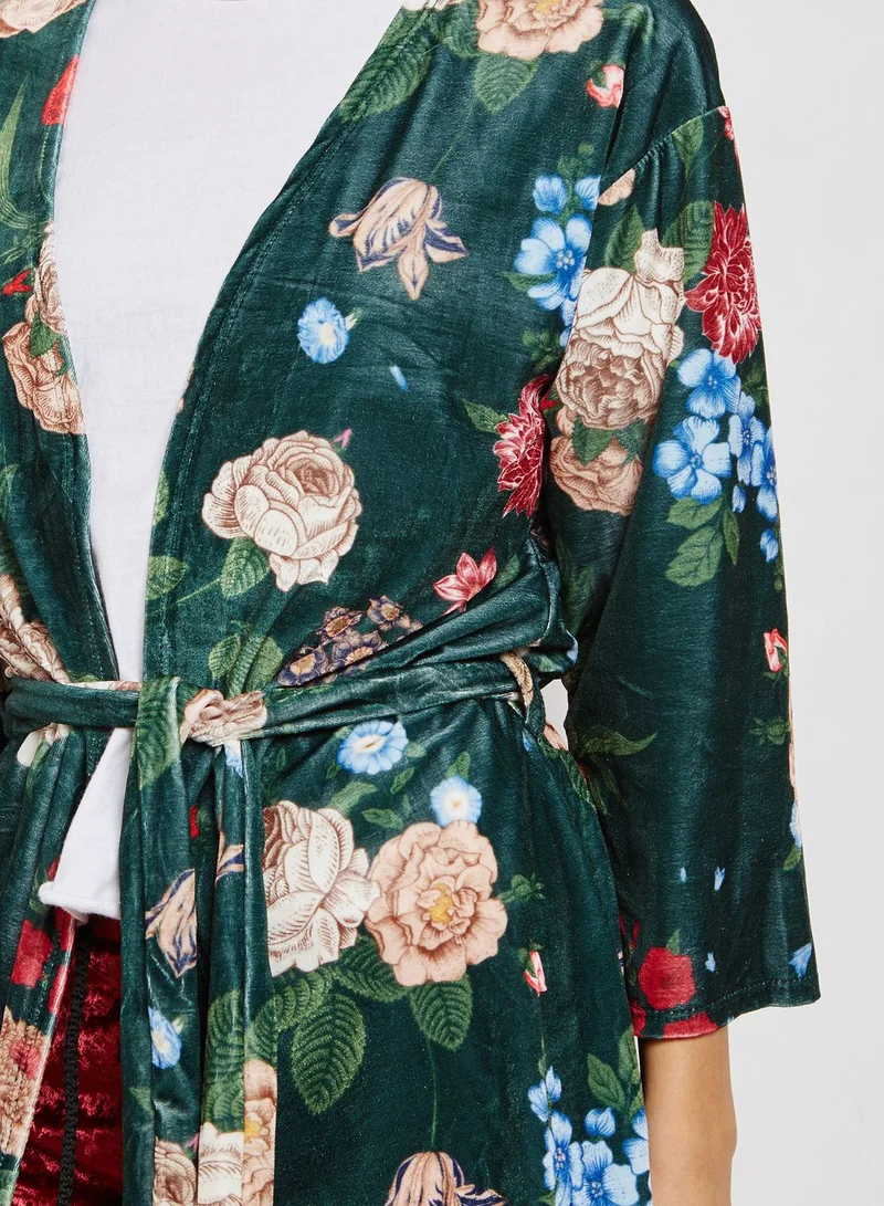 Ginger Floral Print Longline Velvet Kimono