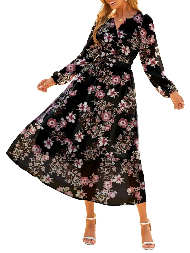 Simplee Women's Floral Boho Long Sleeve Maxi Dress V Neck Empire Waist Swing Flowy Wedding Guest Dress Black Pink Floral S - Image 2