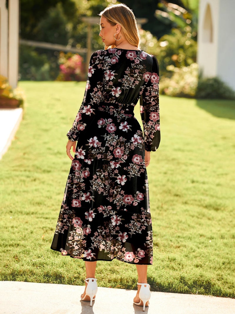 Simplee Women's Floral Boho Long Sleeve Maxi Dress V Neck Empire Waist Swing Flowy Wedding Guest Dress Black Pink Floral S - Image 4