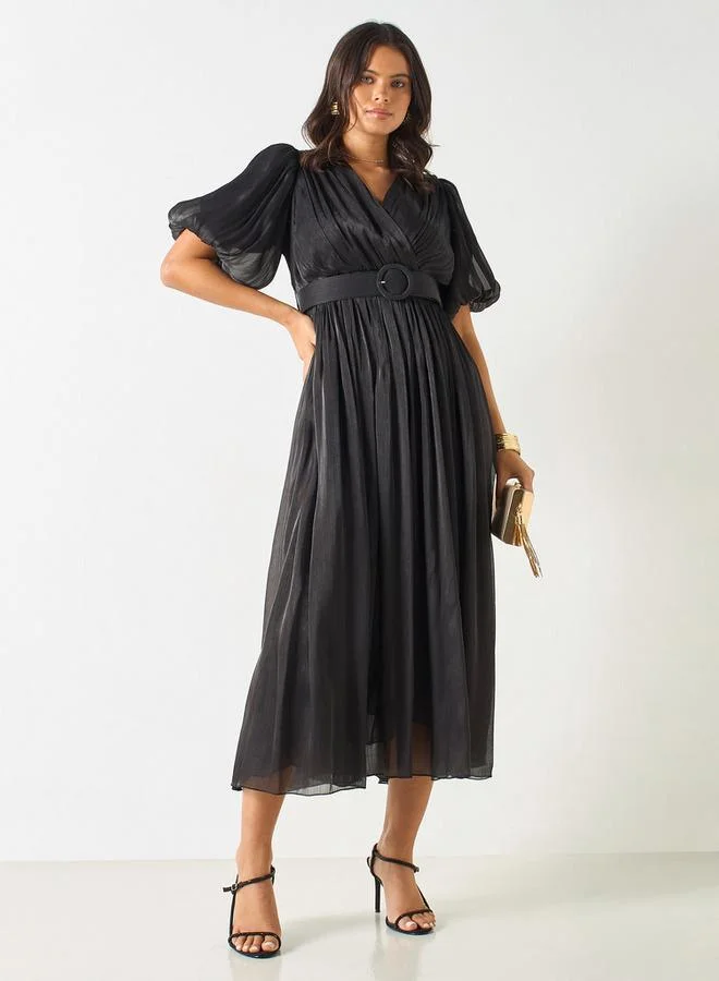2Xtremz 2Xtremz Textured V-Neck Midi Dress with Puff Sleeves