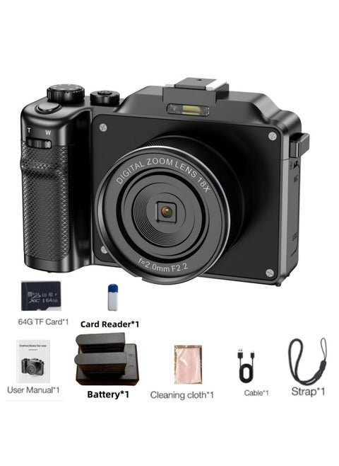 Digital Camera Student Entry-level Micro Single High Pixel 4K HD Camera Travel Student Retro Camera-Body Color:Standard English Version Black + 64g Card + Card Reader + Battery (2 Batteries In Total) + Dual Charging
