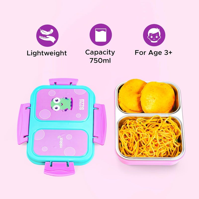 Rabitat Yumzee Stainless Steel Bento Lunch Box 750ml- 2 Years Brand Warranty | Tiffin Box for Kids | Lunch Box for Kids | Steel Tiffin Box for School | Sizzle - Image 2