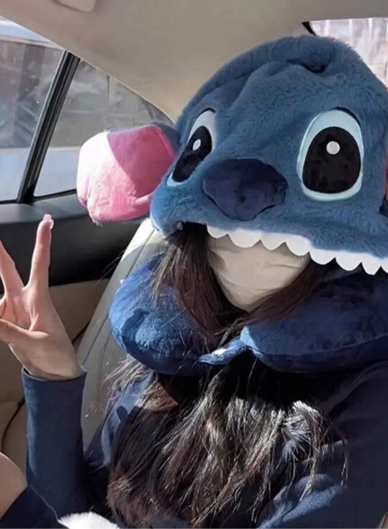 Stitch Cartoon Neck Pillow with Hood | Soft Plush Travel Pillow for Neck & Head Support | Perfect for Travel, Car & Sleep | Free Size for All Ages - Image 1