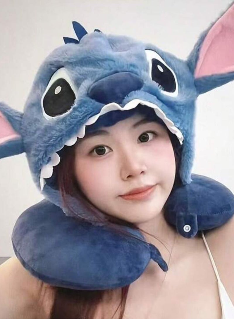 Stitch Cartoon Neck Pillow with Hood | Soft Plush Travel Pillow for Neck & Head Support | Perfect for Travel, Car & Sleep | Free Size for All Ages - Image 2