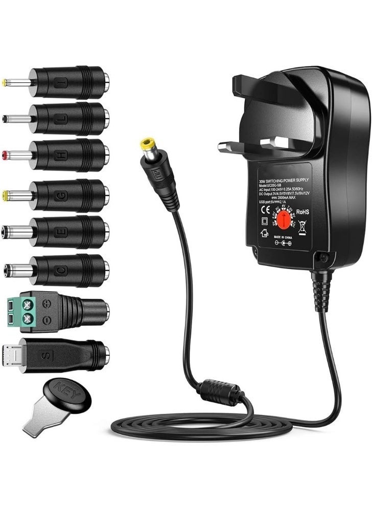 FIRST PRO Universal 30W AC DC Power Adapter 3V 4.5V 5V 6V 7.5V 9V 12V Adjustable Switching Power Supply Charger with 8 Interchangeable Tips 2A Max for Routers CCTV Cameras LED Strip Speakers Electronics - Image 1