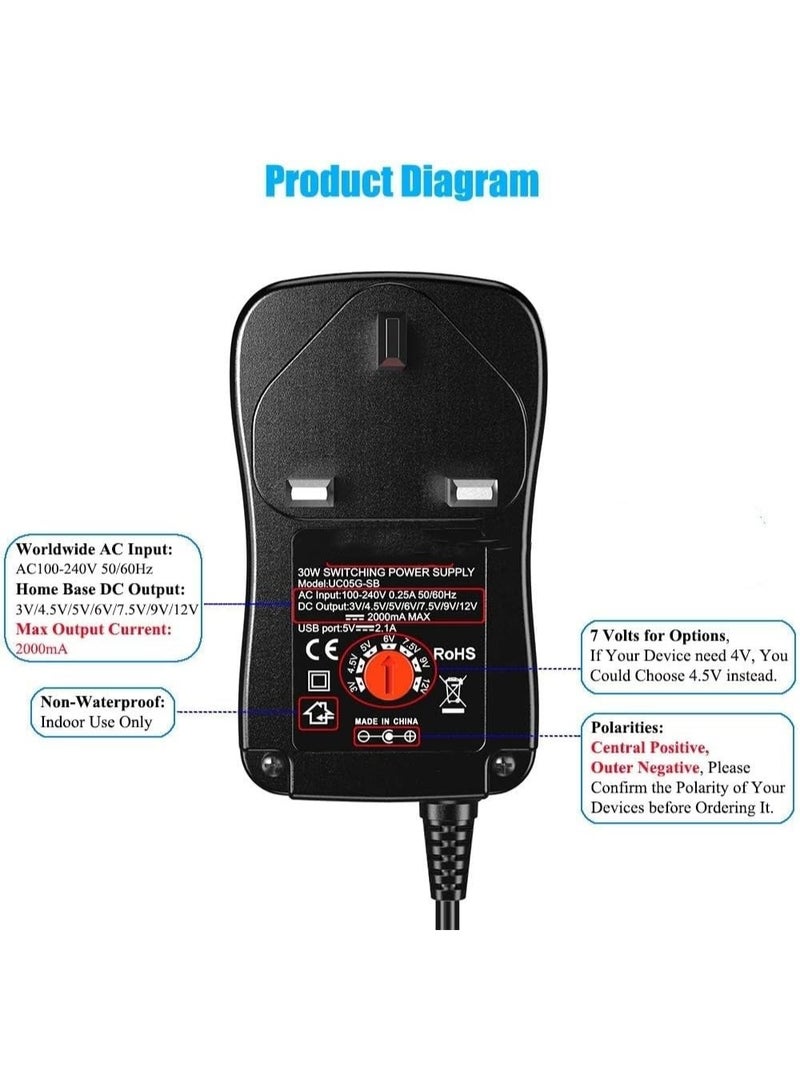 FIRST PRO Universal 30W AC DC Power Adapter 3V 4.5V 5V 6V 7.5V 9V 12V Adjustable Switching Power Supply Charger with 8 Interchangeable Tips 2A Max for Routers CCTV Cameras LED Strip Speakers Electronics - Image 4