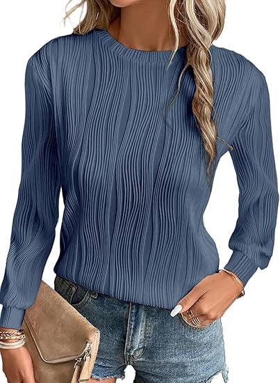 Womens Top Fashion Dress Casual Long Sleeve Round Neck Basic T-Shirt Solid Color Loose Textured Shirt suit Blue - Image 1