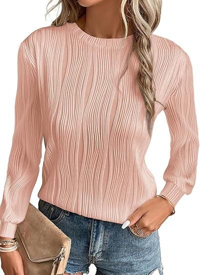 Womens Top Fashion Dress Casual Long Sleeve Round Neck Basic T-Shirt Solid Color Loose Textured Shirt suit Blue - Image 3
