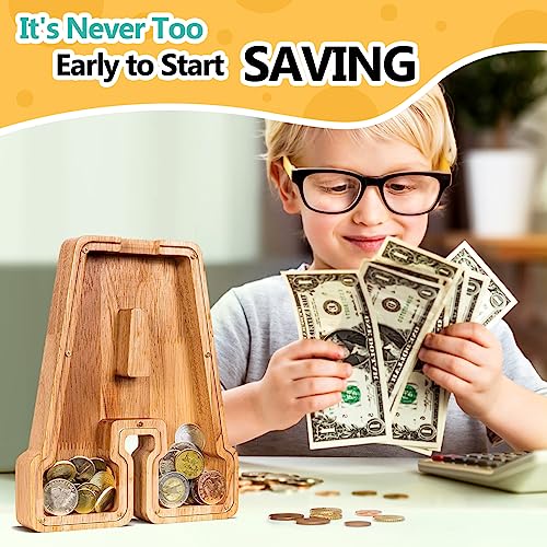 SummiDate Wooden Letter Piggy Bank for Kids| Piggy Bank for Boys Girls Toddler| Alphabet A Money Bank| Wood Coin Bank Personalized Birthday Easter Gifts for Kids (A) - Image 4