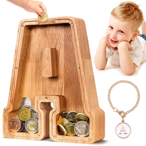 SummiDate Wooden Letter Piggy Bank for Kids| Piggy Bank for Boys Girls Toddler| Alphabet A Money Bank| Wood Coin Bank Personalized Birthday Easter Gifts for Kids (A) - Image 1