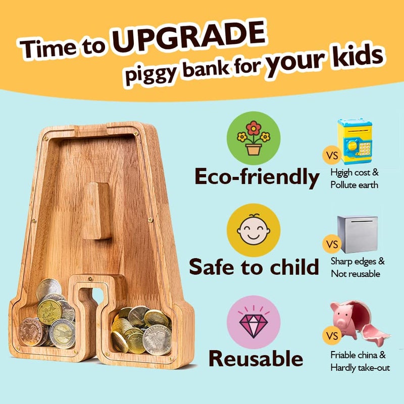 SummiDate Wooden Letter Piggy Bank for Kids| Piggy Bank for Boys Girls Toddler| Alphabet A Money Bank| Wood Coin Bank Personalized Birthday Easter Gifts for Kids (A) - Image 5