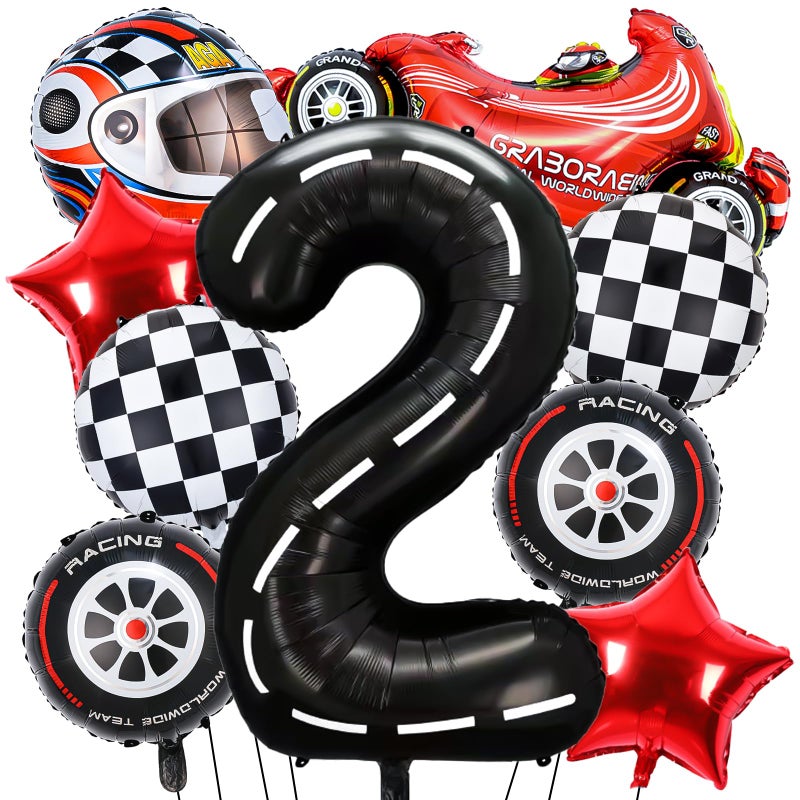 Piokio 9 Pcs Race Car Balloons  Black Number 2 Balloon Checkered Balloonss For 2St Birthday Race Car Theme Party Decorations - Image 1