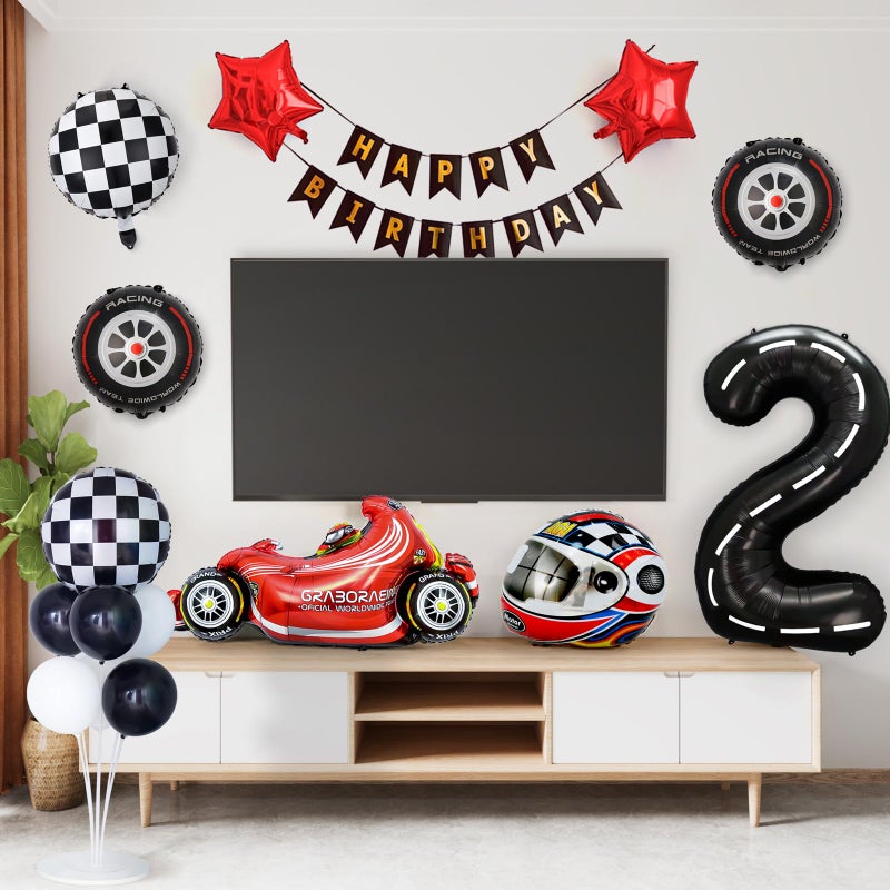 Piokio 9 Pcs Race Car Balloons  Black Number 2 Balloon Checkered Balloonss For 2St Birthday Race Car Theme Party Decorations - Image 4