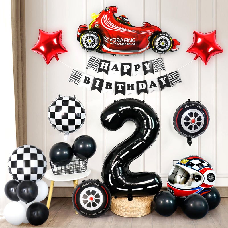 Piokio 9 Pcs Race Car Balloons  Black Number 2 Balloon Checkered Balloonss For 2St Birthday Race Car Theme Party Decorations - Image 3
