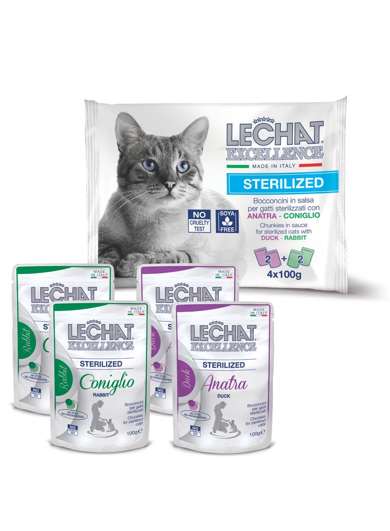 Monge Lechat Excellence by Monge | Sterilised Cat Wet Food | Chunkies in Pouch | Super Premium Complete Wet Cat Food | Multipack Duck & Rabbit - 4x100g - Image 1