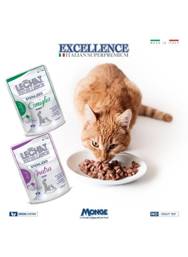 Monge Lechat Excellence by Monge | Sterilised Cat Wet Food | Chunkies in Pouch | Super Premium Complete Wet Cat Food | Multipack Duck & Rabbit - 4x100g - Image 2