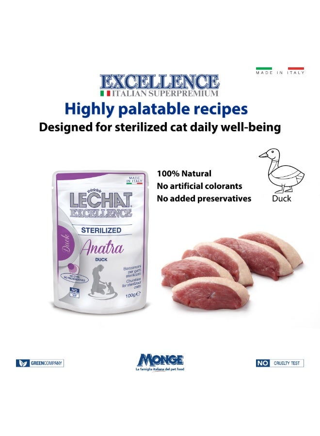 Monge Lechat Excellence by Monge | Sterilised Cat Wet Food | Chunkies in Pouch | Super Premium Complete Wet Cat Food | Multipack Duck & Rabbit - 4x100g - Image 4