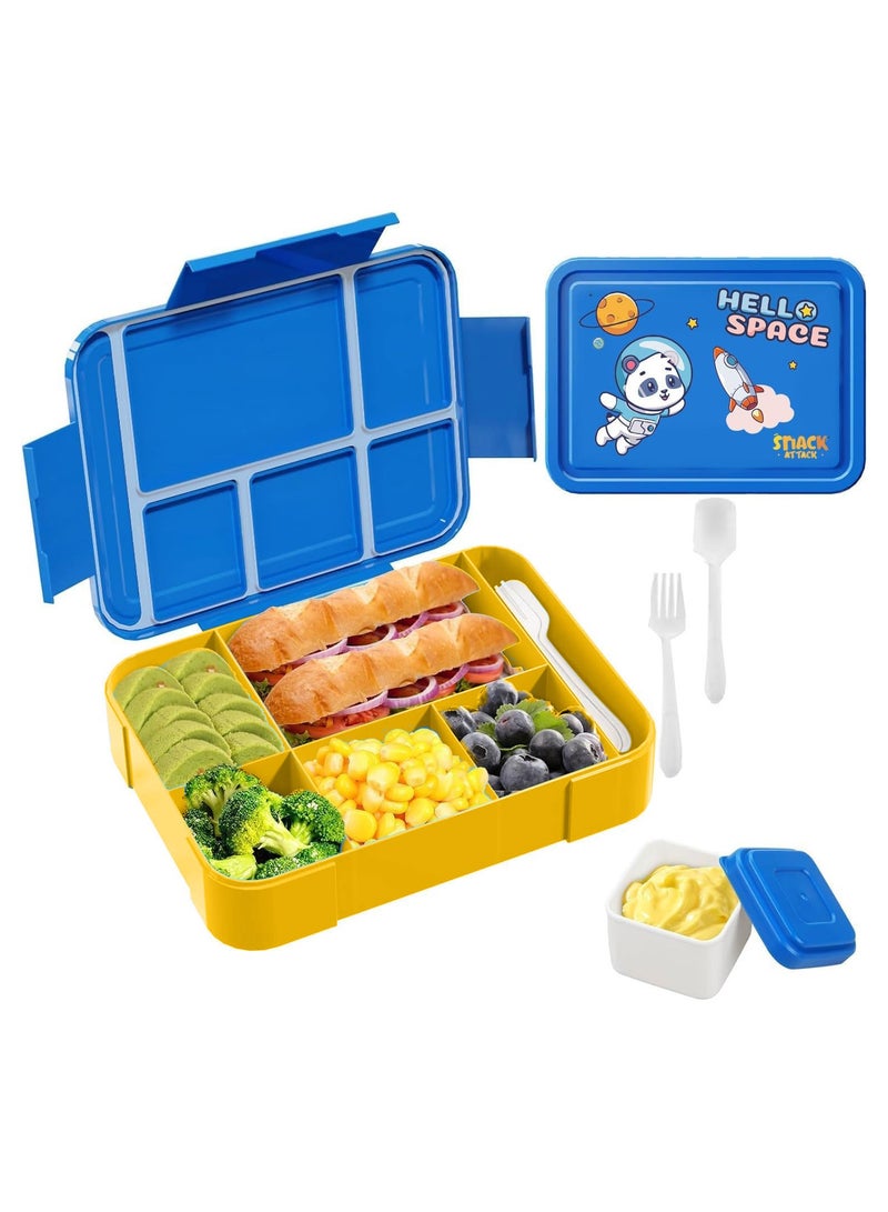 Snack attack Lunch box for kids school Bento box style, Lunch Box with 5 Compartments Cutlery Set, Leak-Proof Bento Box Snack Boxes for Kids Adults School, Picnic, Trips (Blue) 1330ML  - Image 1