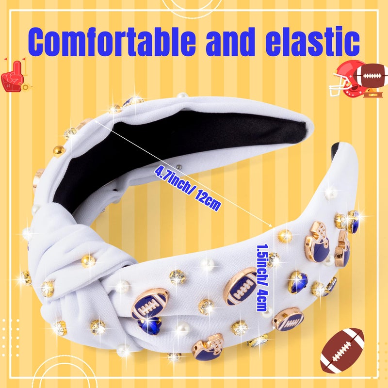PANTIDE Football Jeweled Knotted Headband - Blue Football Rhinestone Crystal Embellished Headband Wide Top Knot Fashion Hairband Mom Accessories Sport Game Day Birthday Gift for Fan Women Girl (White) - Image 2