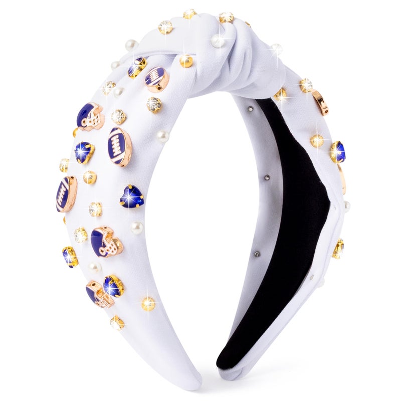 PANTIDE Football Jeweled Knotted Headband - Blue Football Rhinestone Crystal Embellished Headband Wide Top Knot Fashion Hairband Mom Accessories Sport Game Day Birthday Gift for Fan Women Girl (White) - Image 1