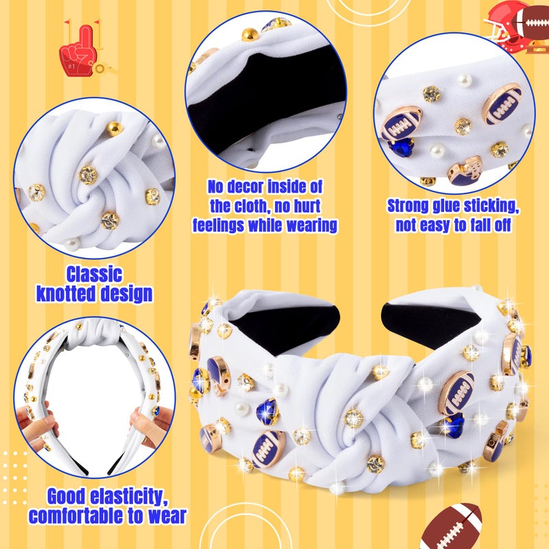 PANTIDE Football Jeweled Knotted Headband - Blue Football Rhinestone Crystal Embellished Headband Wide Top Knot Fashion Hairband Mom Accessories Sport Game Day Birthday Gift for Fan Women Girl (White) - Image 3