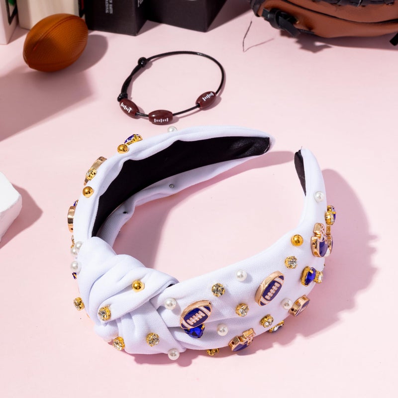PANTIDE Football Jeweled Knotted Headband - Blue Football Rhinestone Crystal Embellished Headband Wide Top Knot Fashion Hairband Mom Accessories Sport Game Day Birthday Gift for Fan Women Girl (White) - Image 4
