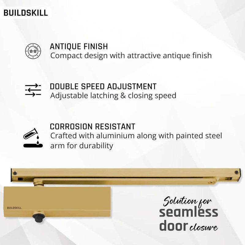 BUILDSKILL Hydraulic Door Closer with Pelmet Arm, Door Closer for Wooden Door, Aluminium, Metal Door, Automatic Door Closer for Home, Door Stopper with Adjustable Speed, 85 Kg, Antique (Pack of 1) - Image 5