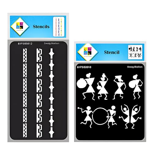 SWAGSTATION Warli Painting Stencils for Wall - Tribal Wall Border - 6x6 & 8x4 Inch - 2 Pcs - Stencils for Craft and Art for Adults - Reusable Painting for Home Décor, Fabric - Image 1