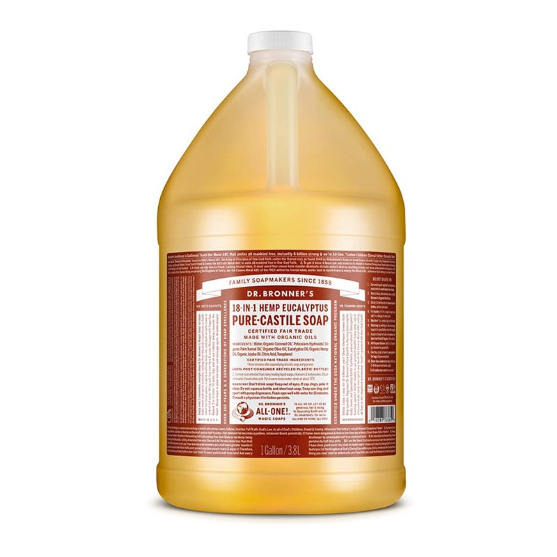 Dr. Bronner's Dr Bronners  PureCastile Liquid Soap Eucalyptus 1 Gallon  Made with Organic Oils 18in1 Uses Face Body Hair Laundry Pets and Dishes Concentrated Vegan NonGMO