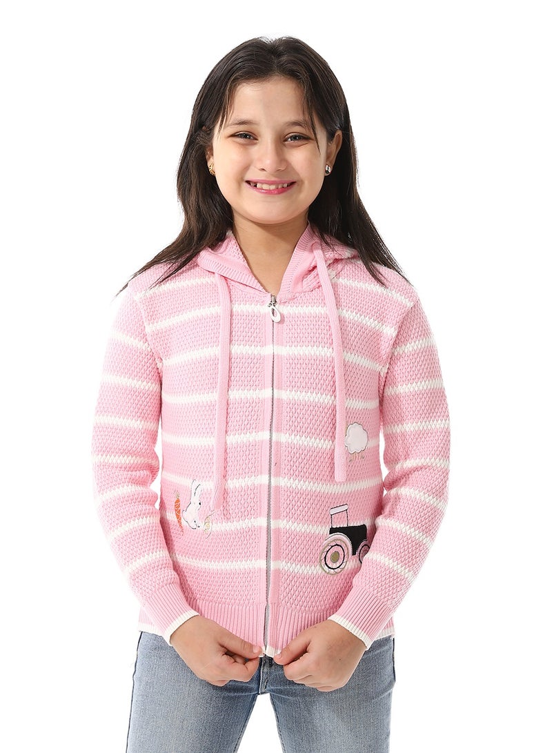 Andora Girls Hooded Neck Striped Sweatshirt _ Pink & White  - Image 1
