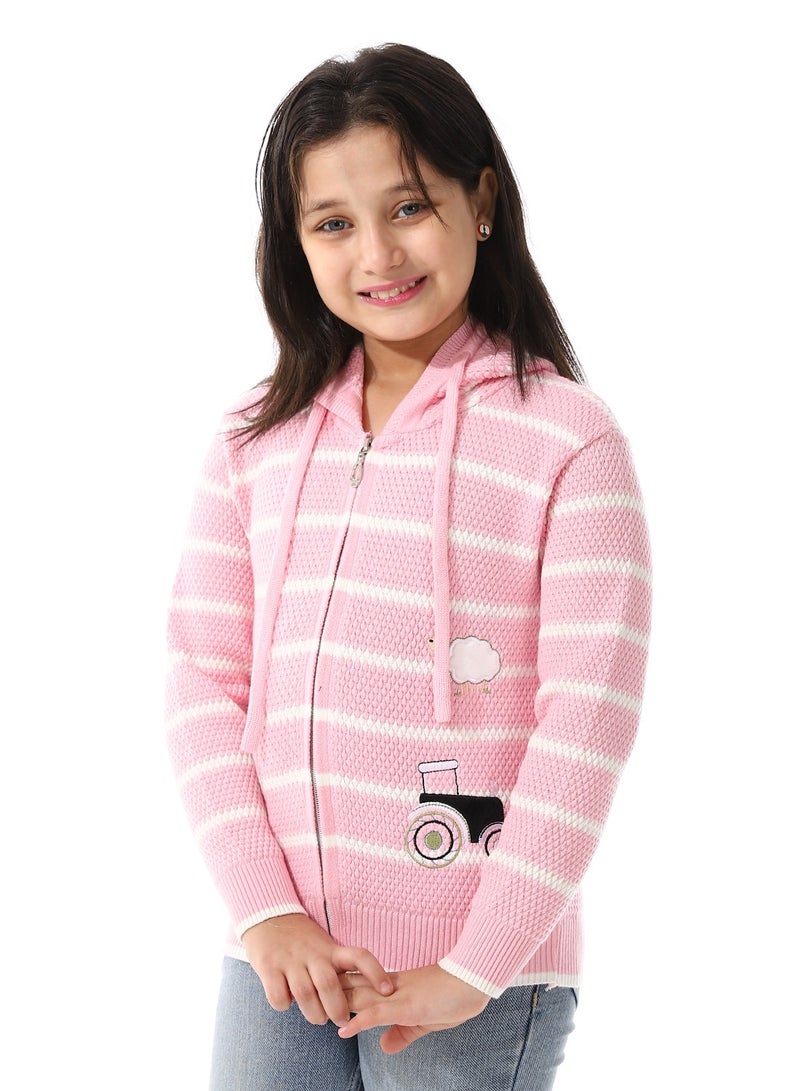 Andora Girls Hooded Neck Striped Sweatshirt _ Pink & White  - Image 2