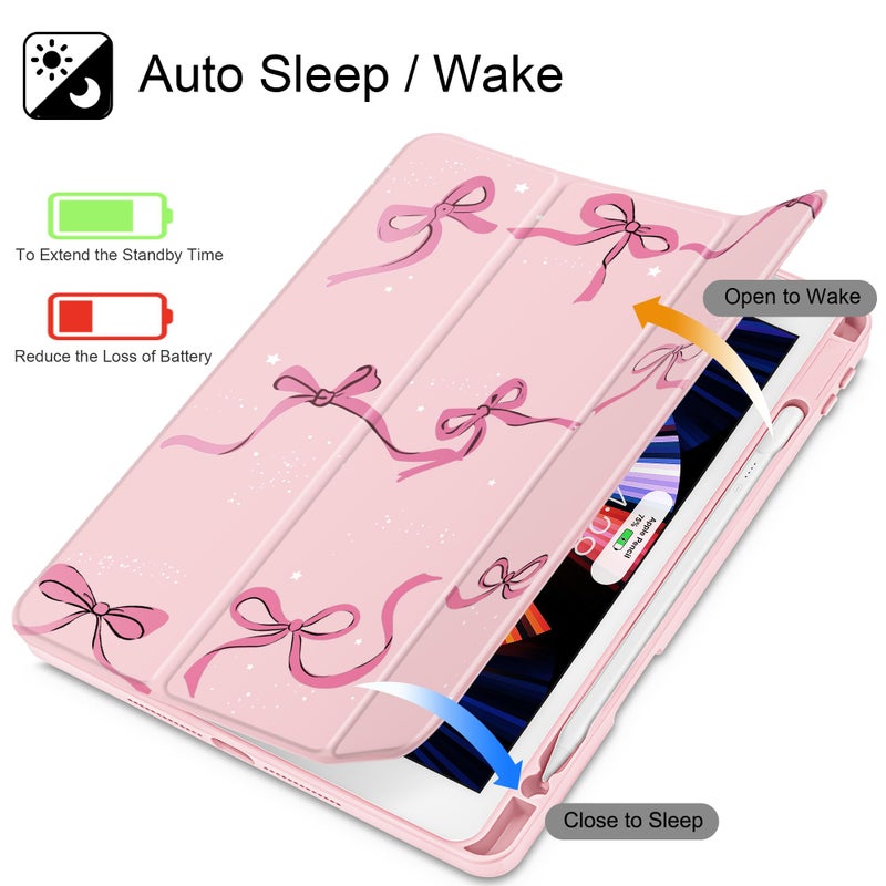 May Chen for iPad 9th Generation with Pencil Holder, iPad 8th/7th Gen Case 10.2-inch, [Penceil Holder] Trifold Stand Auto Wake/Sleep Clear TPU Protection Back Cover, Pink Bows - Image 3